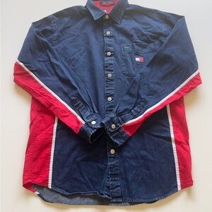 EUC Early 90-2000's Tommy Hilfiger Navy and Red Casual Denim Shirt Size L (G3)